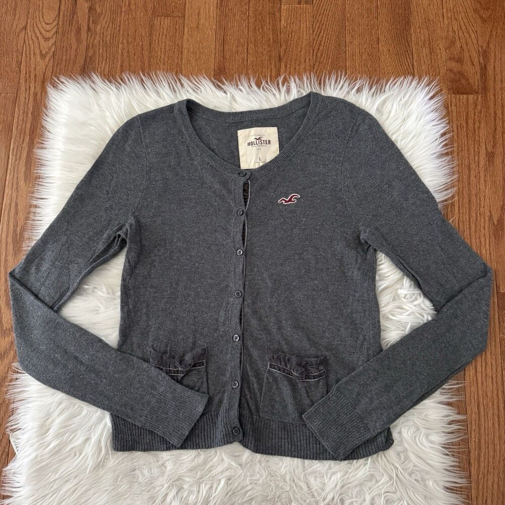 Vintage Hollister Y2K Babydoll Sweater Women’s Large Gray Ruffle Cardigan Preppy